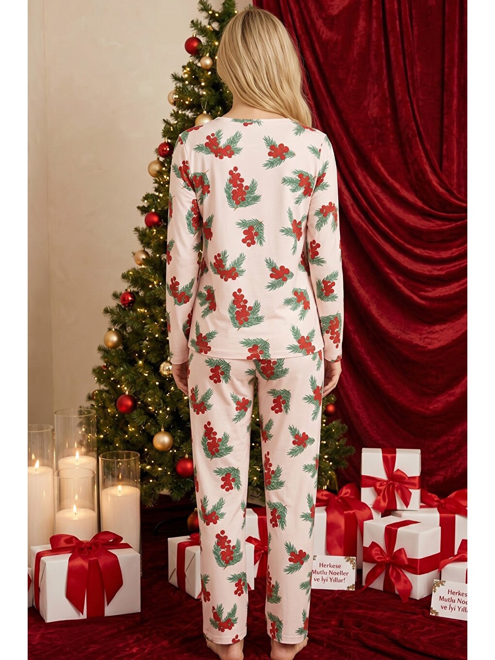 Pembe Yılbaşı Temalı Desenli Termal Kumaşlı Ultra Soft Yumuşak Örme Pijama Takımı-2