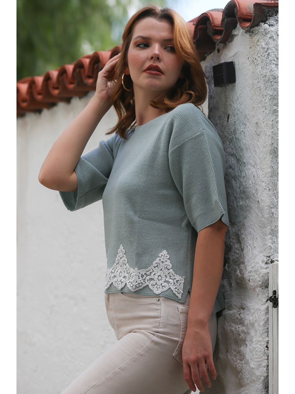 Yeşil Mint Yuvarlak Yaka Kısa Kol Dantelli Triko Bluz 64 57-6