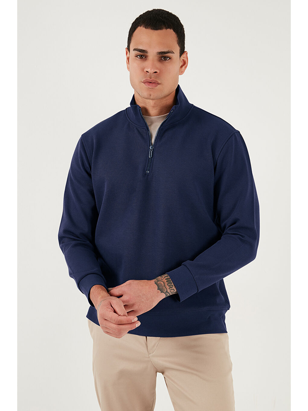 İndigo Pamuklu Regular Fit Yarım Fermuarlı Dik Yaka Sweat 5905470-2