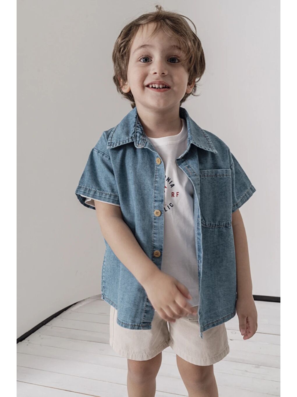 Ekru Jean gömlek T-shirt Şort 3lü Yazlık Erkek Çocuk Takım 3711-1
