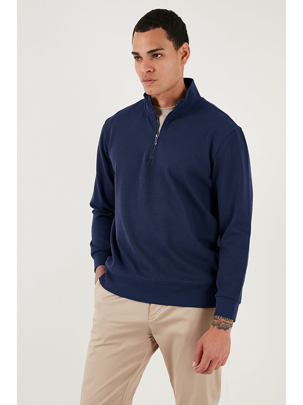 İndigo Pamuklu Regular Fit Yarım Fermuarlı Dik Yaka Sweat 5905470-3