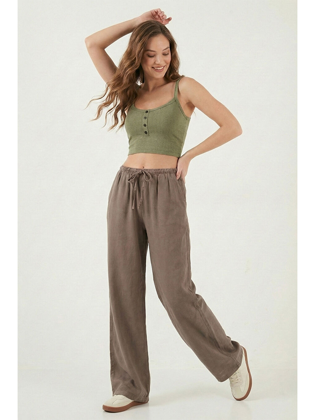 Kahverengi Wide Leg Yüksek Bel Geniş Paça Kadın Pantolon 668YP5424-1