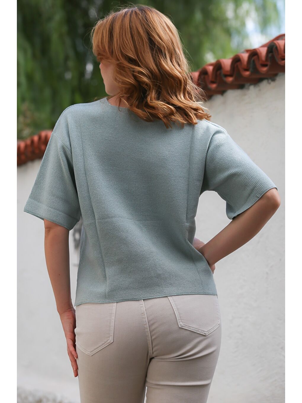 Yeşil Mint Yuvarlak Yaka Kısa Kol Dantelli Triko Bluz 64 57-7