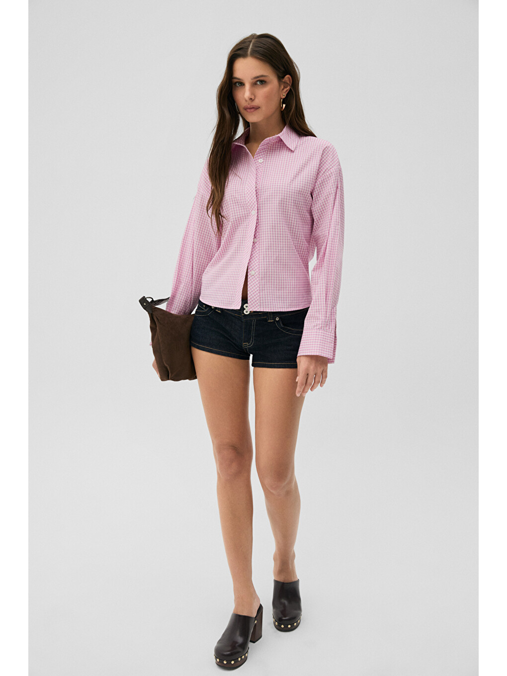 Medea Kadın Slim Fit %100 Organik Pamuklu Kahverengi Çizgili Slim Fit Pembe Gömlek-2