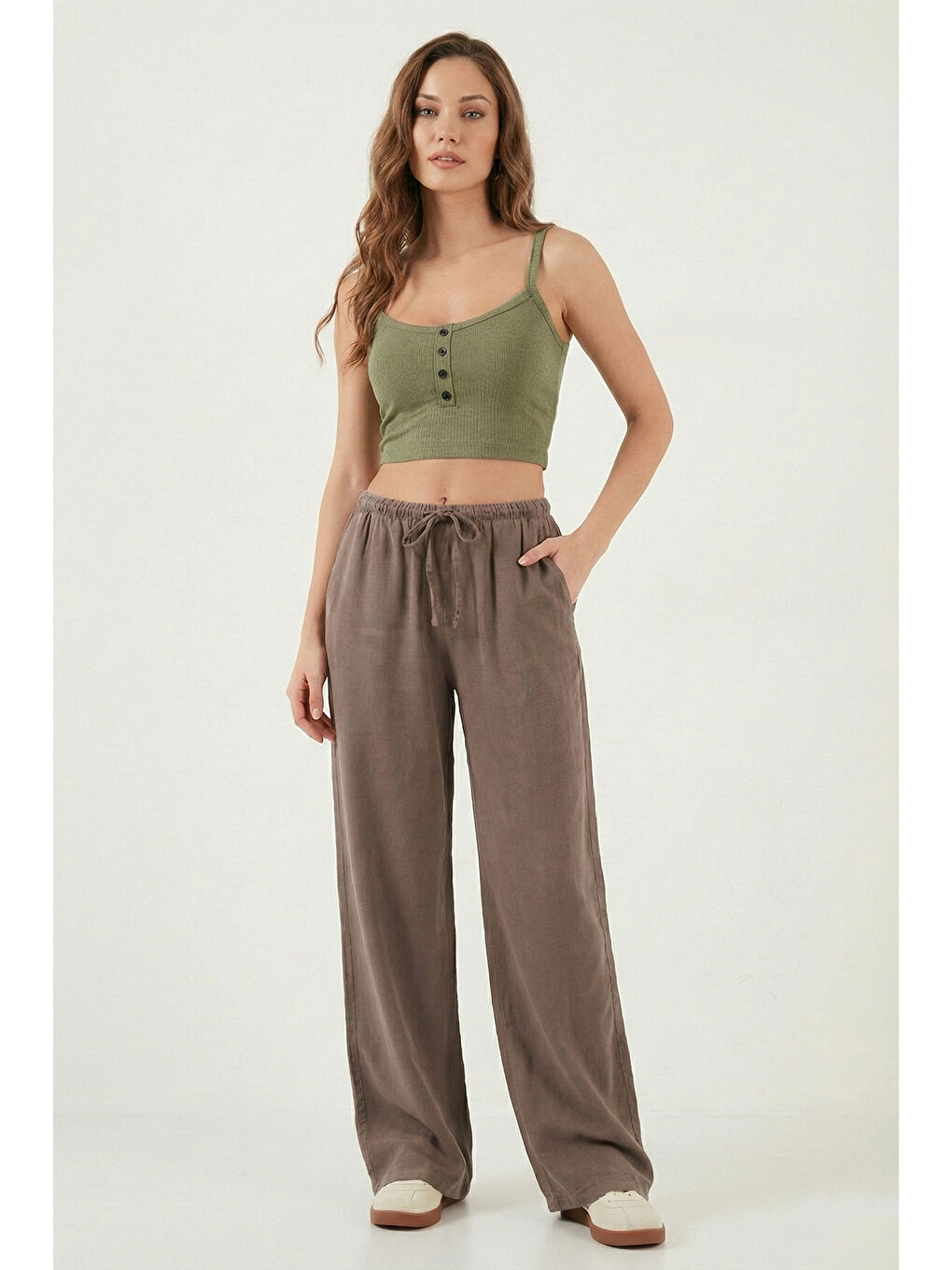 Kahverengi Wide Leg Yüksek Bel Geniş Paça Kadın Pantolon 668YP5424-2