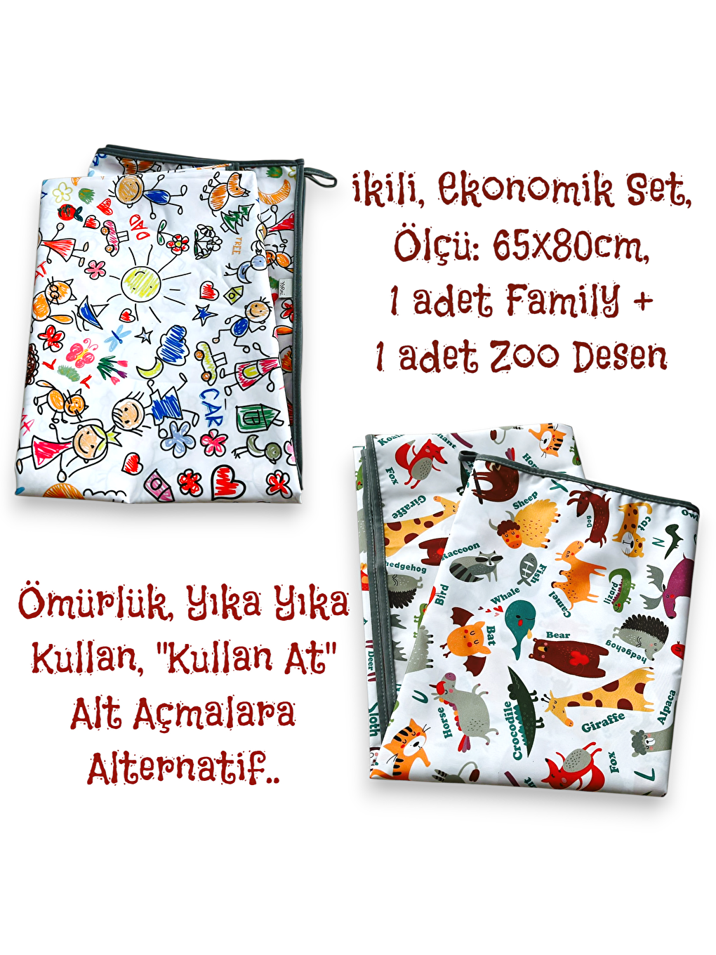 Ekonomik Set, 1 adet Family + 1 adet Zoo, 65x80cm, Sıvı Geçirmez Alt Açma Örtüsü, Bebek Bakım Örtüsü