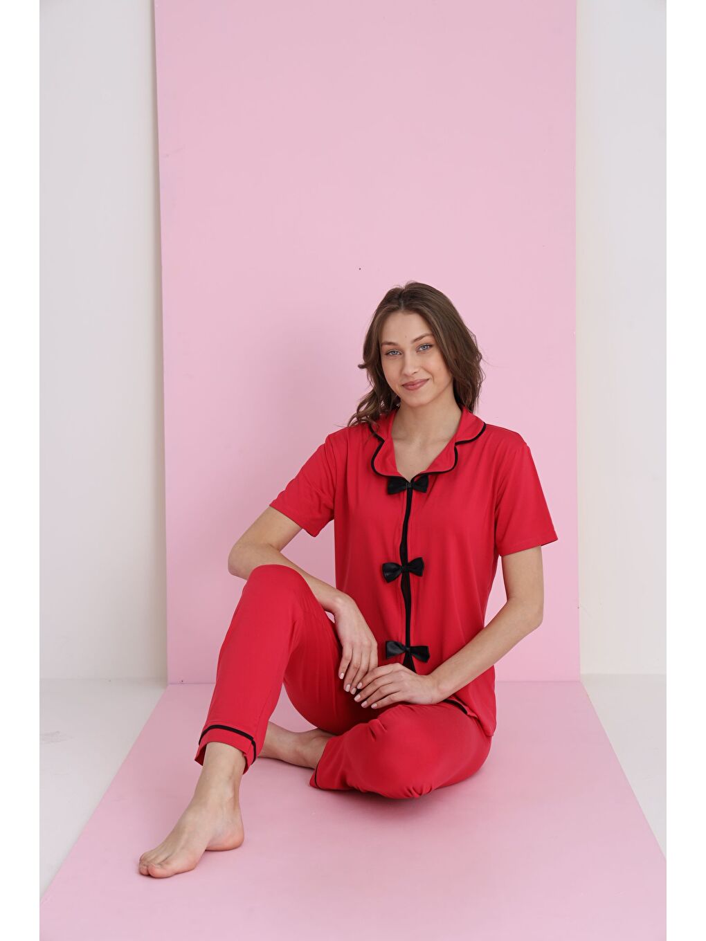 Kırmızı Bamboo Fiyonklu Pijama Takımı 7058-8