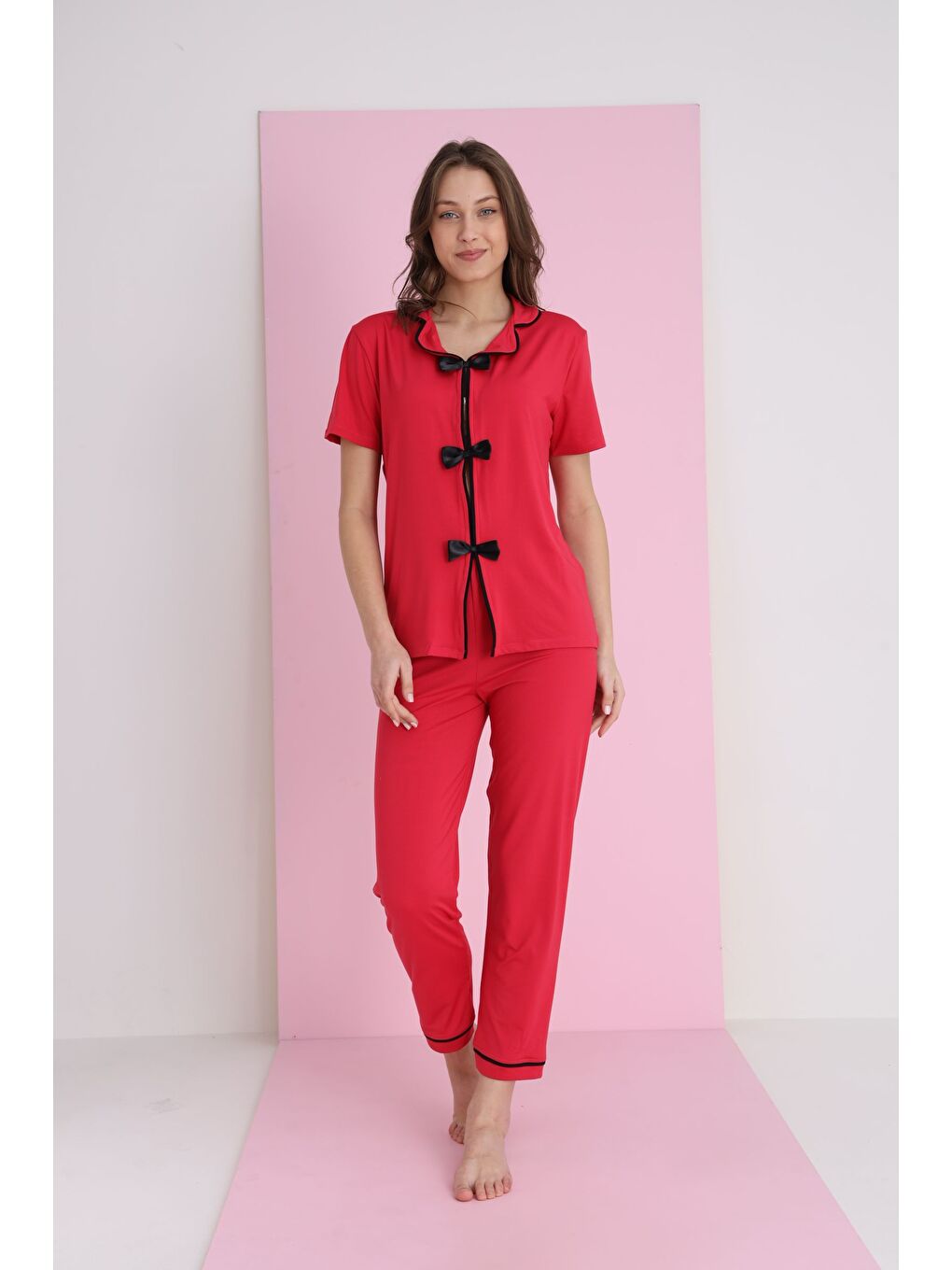 Kırmızı Bamboo Fiyonklu Pijama Takımı 7058-8-1