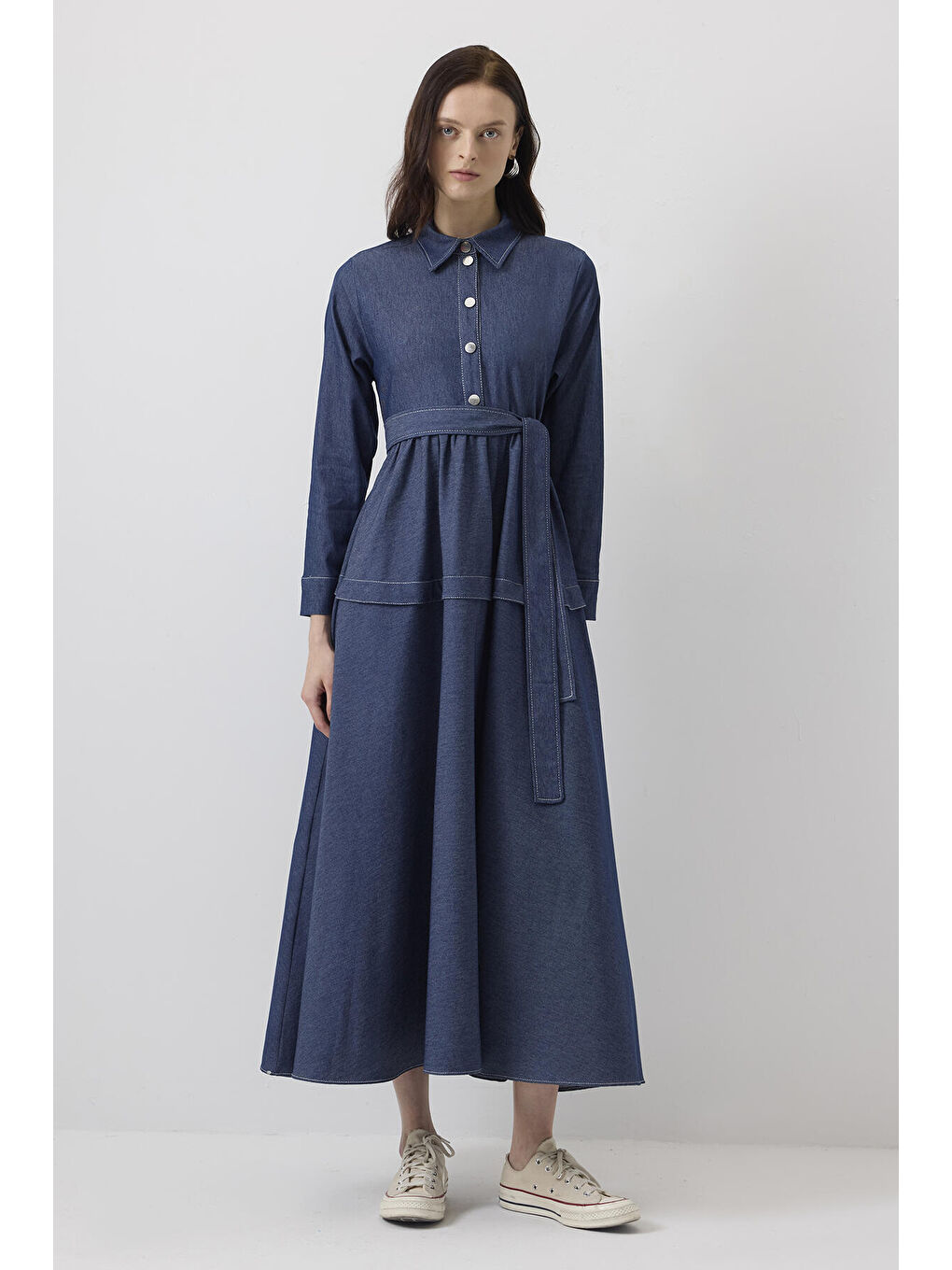 Mavi Kontrast Dikişli Gömlek Yaka Elbise