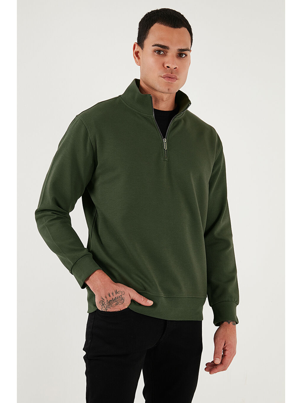 Haki Pamuklu Regular Fit Yarım Fermuarlı Dik Yaka Sweat 5905470