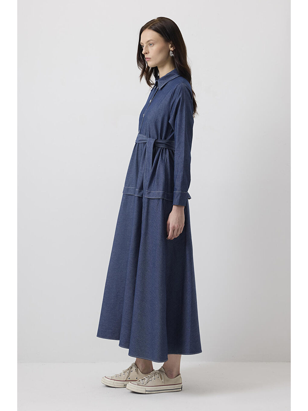 Mavi Kontrast Dikişli Gömlek Yaka Elbise-1