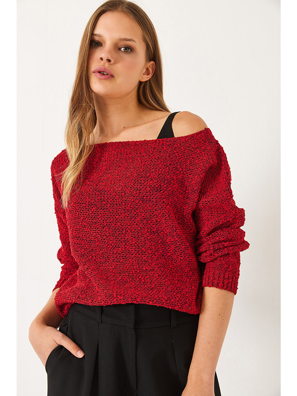 Kırmızı Kadın Kayık Yaka File Detay Ajurlu Triko Bluz-1