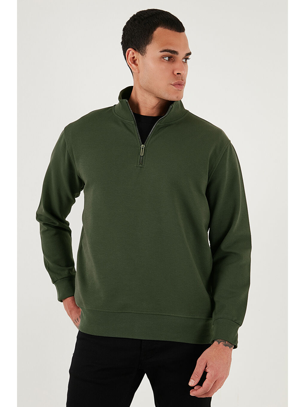 Haki Pamuklu Regular Fit Yarım Fermuarlı Dik Yaka Sweat 5905470-1
