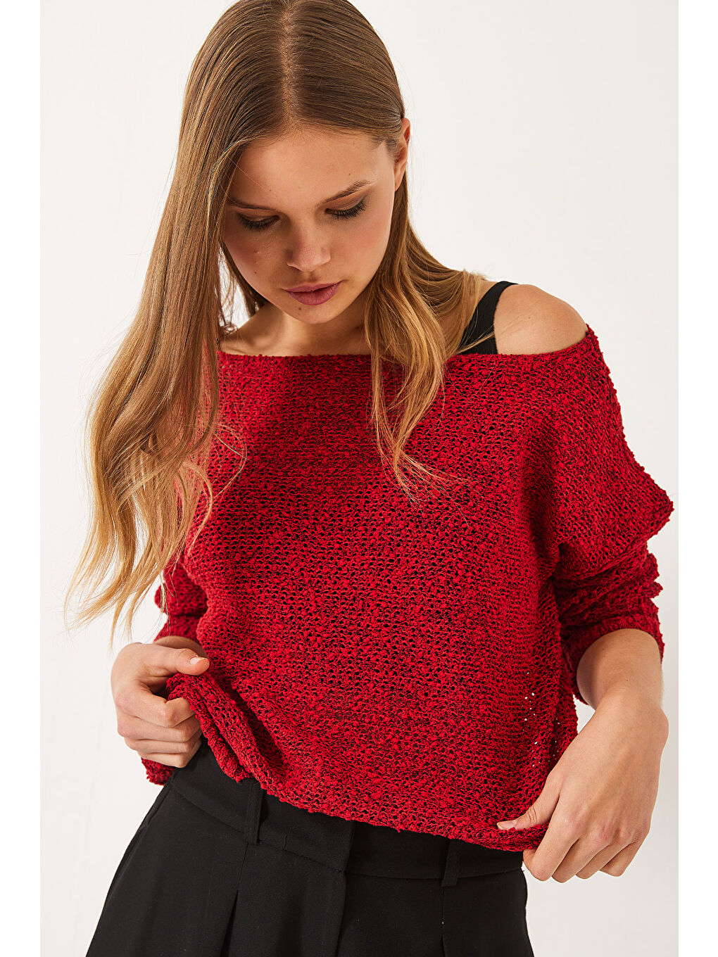 Kırmızı Kadın Kayık Yaka File Detay Ajurlu Triko Bluz-2
