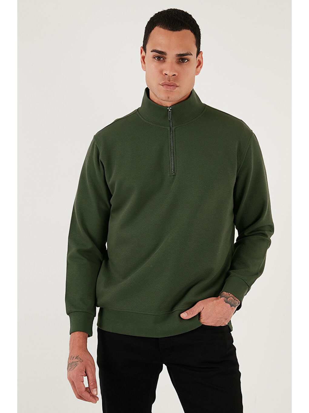 Haki Pamuklu Regular Fit Yarım Fermuarlı Dik Yaka Sweat 5905470-3