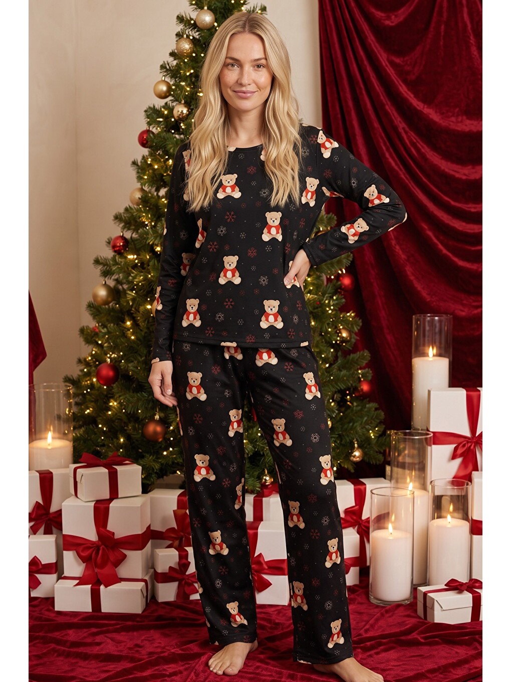Siyah Yılbaşı Temalı Desenli Termal Kumaşlı Ultra Soft Yumuşak Örme Pijama Takımı-1