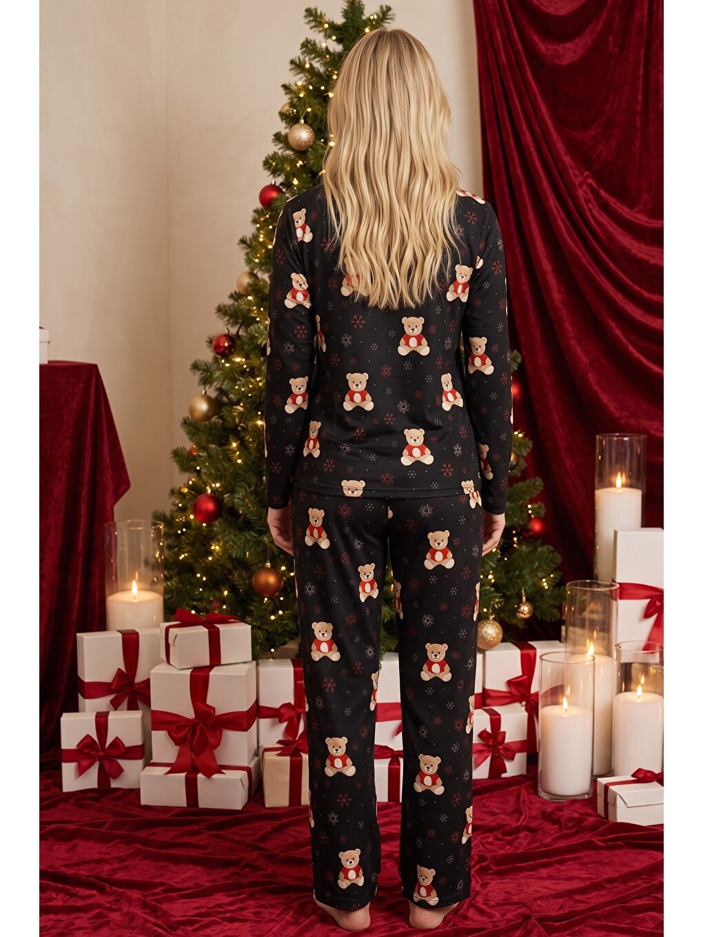 Siyah Yılbaşı Temalı Desenli Termal Kumaşlı Ultra Soft Yumuşak Örme Pijama Takımı-2