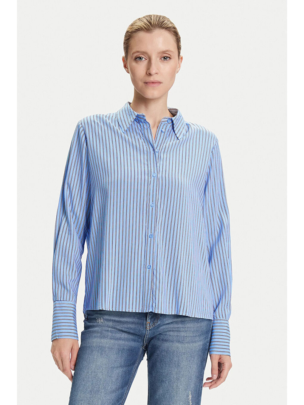 Mavi Onlberit Regular Fit Çizgili Klasik Yaka Uzun Kollu Kadın Gömlek 15320243