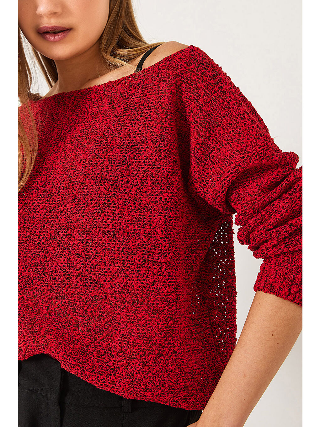 Kırmızı Kadın Kayık Yaka File Detay Ajurlu Triko Bluz-3