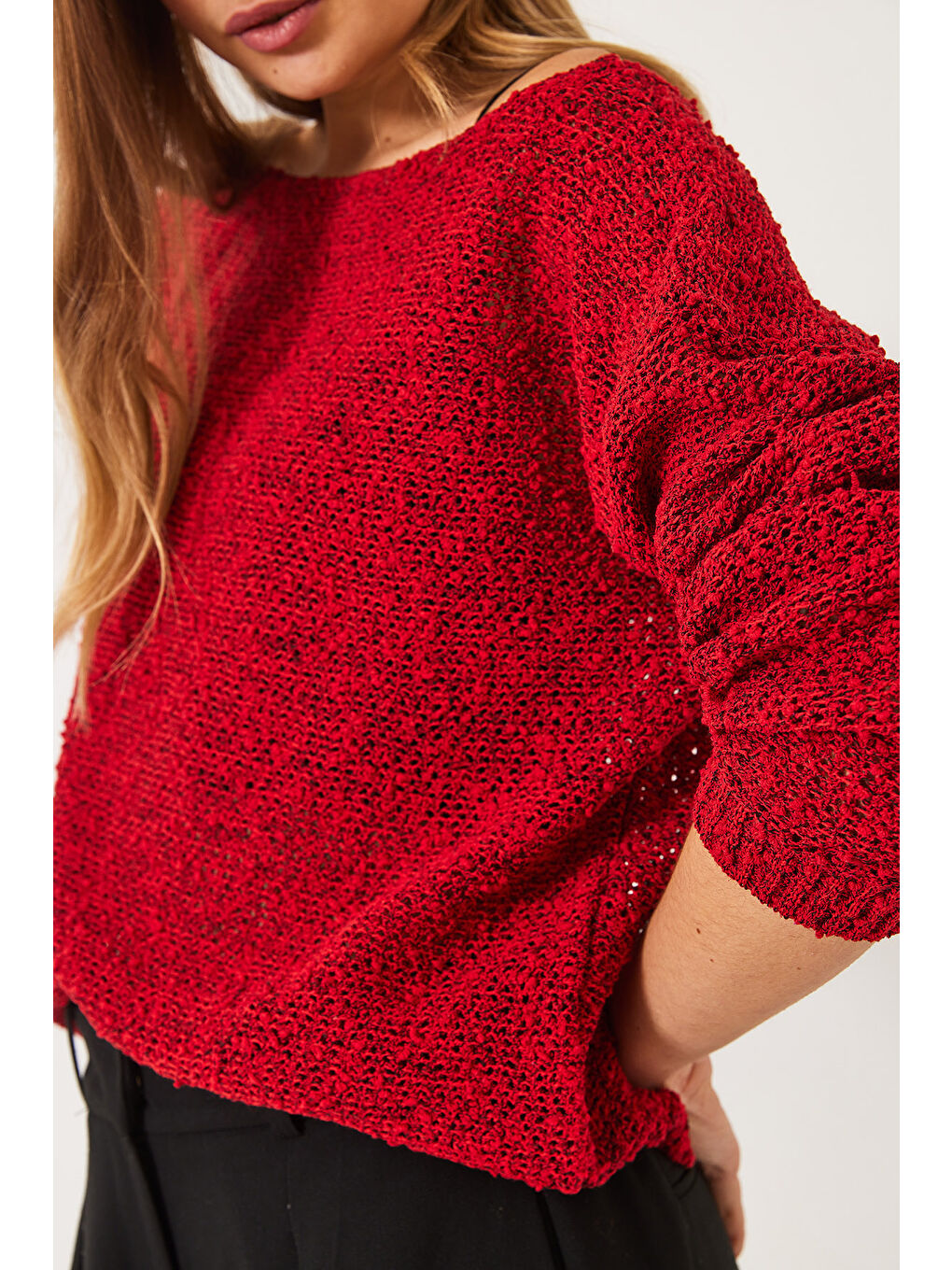 Kırmızı Kadın Kayık Yaka File Detay Ajurlu Triko Bluz-4