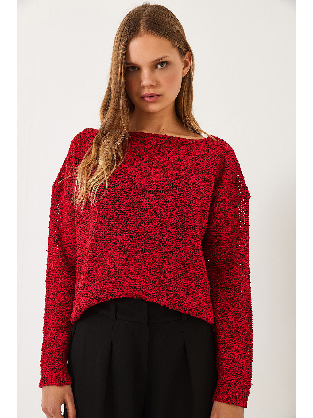 Kırmızı Kadın Kayık Yaka File Detay Ajurlu Triko Bluz-5