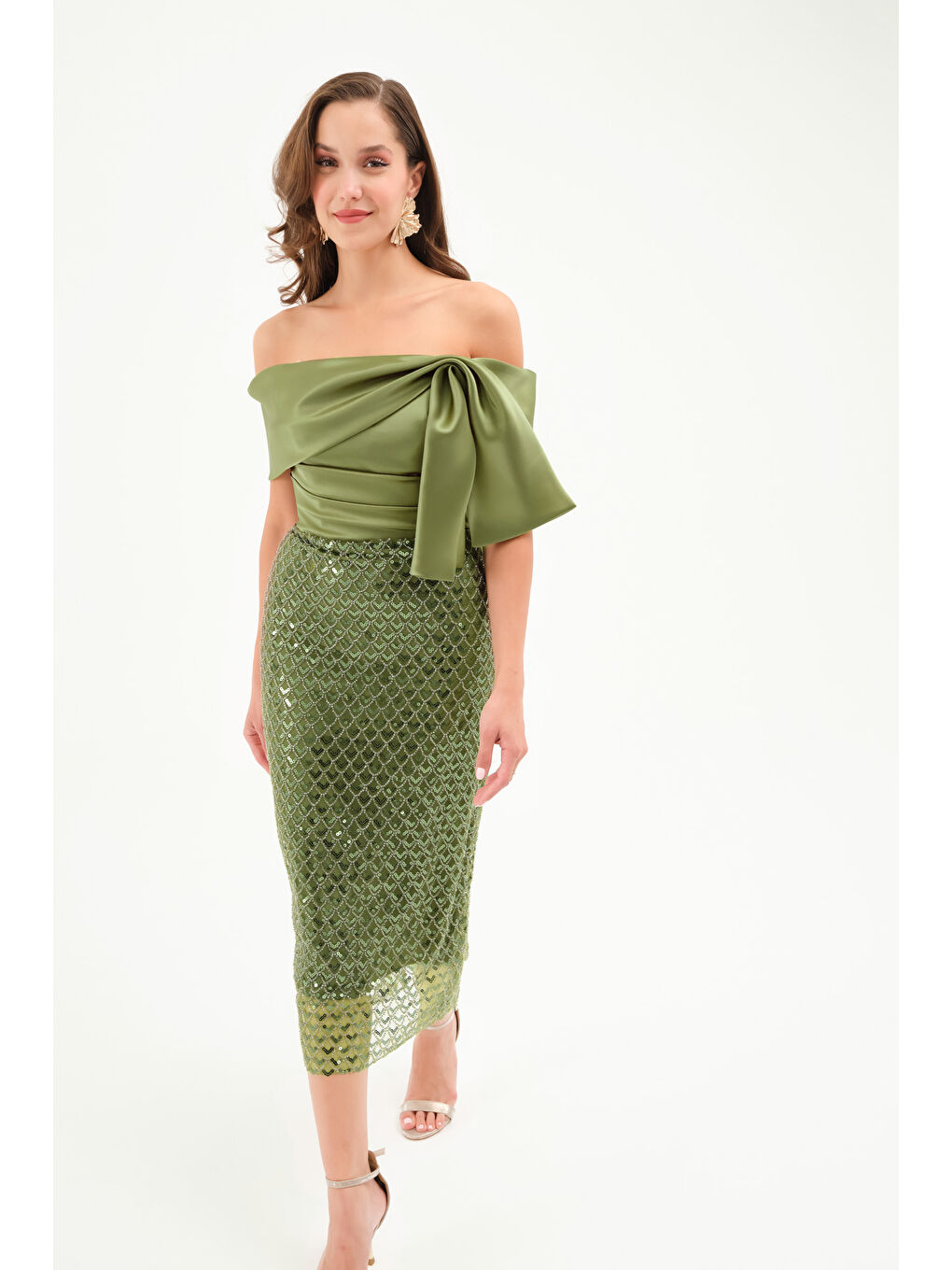 Kadın Haki Kayık Yaka Pul İşlemeli Söz Nişan Nikah Abiye Elbise-1