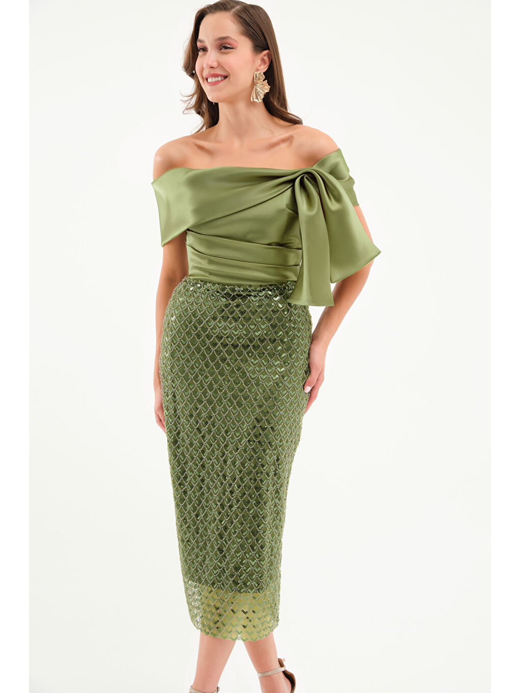 Kadın Haki Kayık Yaka Pul İşlemeli Söz Nişan Nikah Abiye Elbise-2