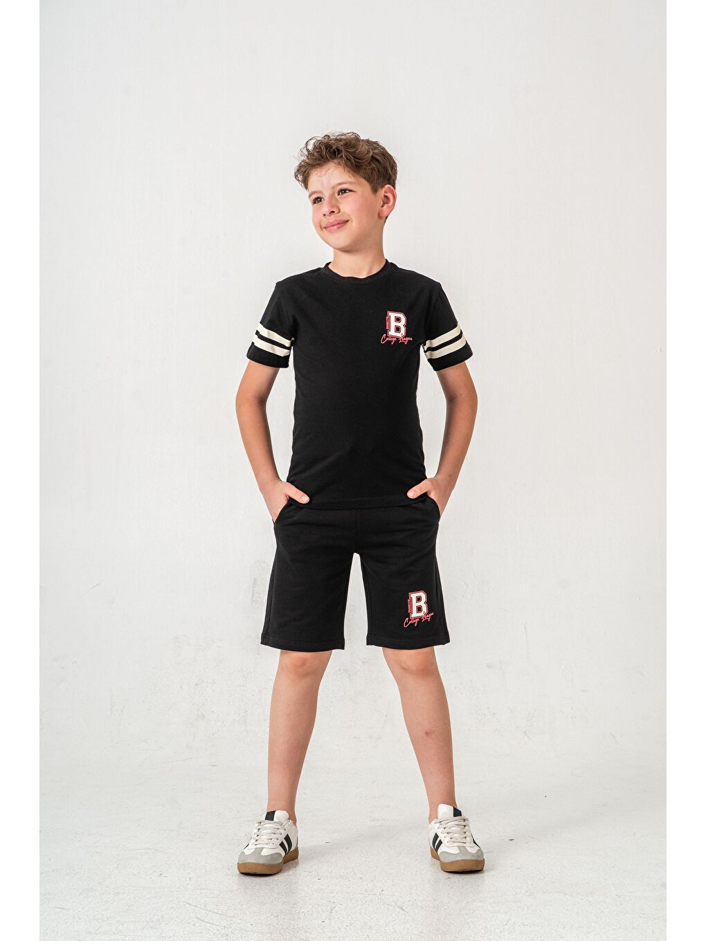 Siyah Brooklyn College League Baskılı  Erkek Çocuk Şort - Tişört Takımı-1