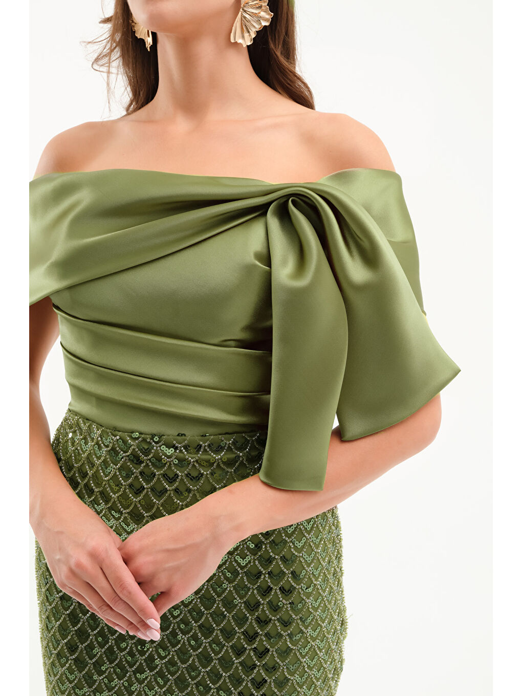 Kadın Haki Kayık Yaka Pul İşlemeli Söz Nişan Nikah Abiye Elbise-3