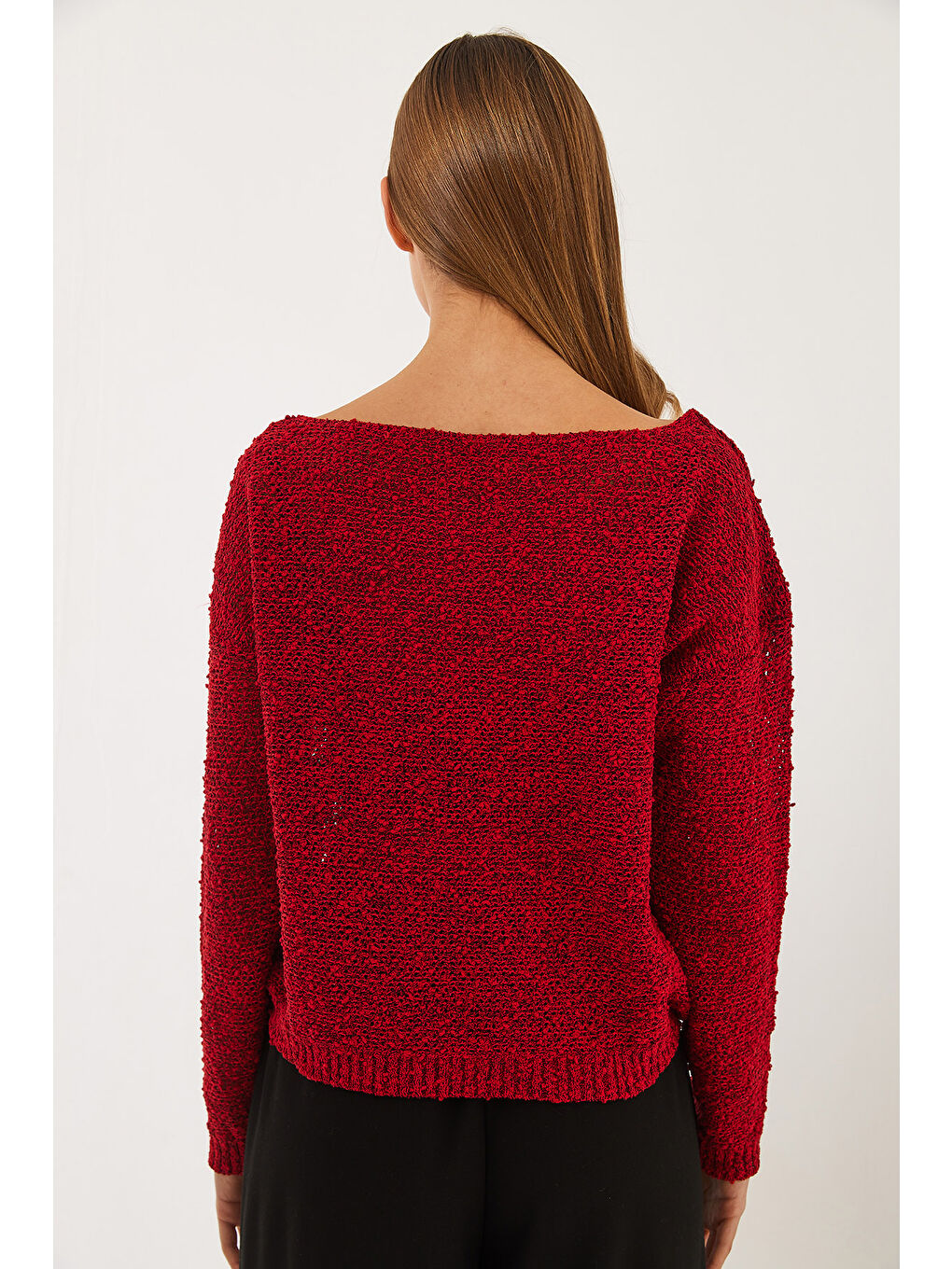 Kırmızı Kadın Kayık Yaka File Detay Ajurlu Triko Bluz-6