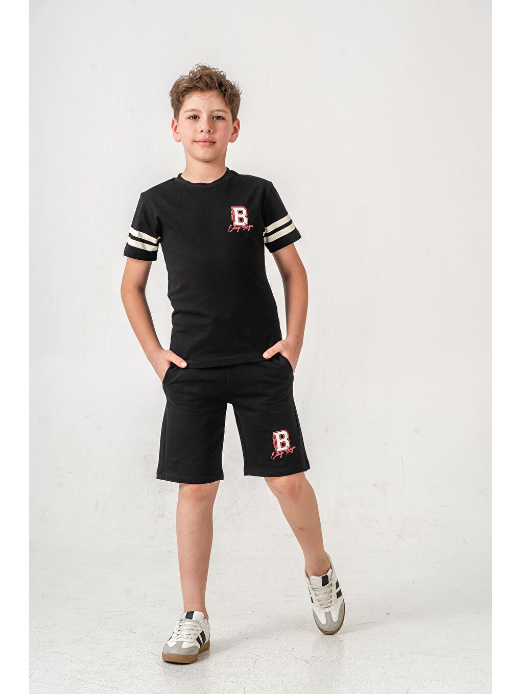 Siyah Brooklyn College League Baskılı  Erkek Çocuk Şort - Tişört Takımı-2
