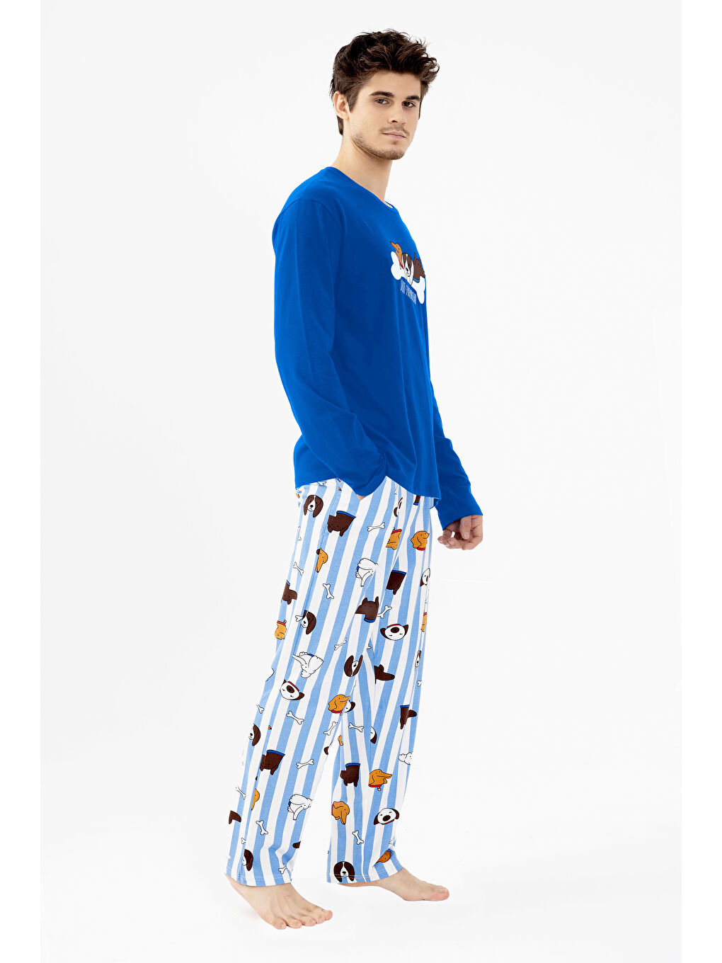 Beyaz Erkek Pamuklu Uzun Kollu Baskılı Alt Desenli Cep Detaylı Pijama Takımı