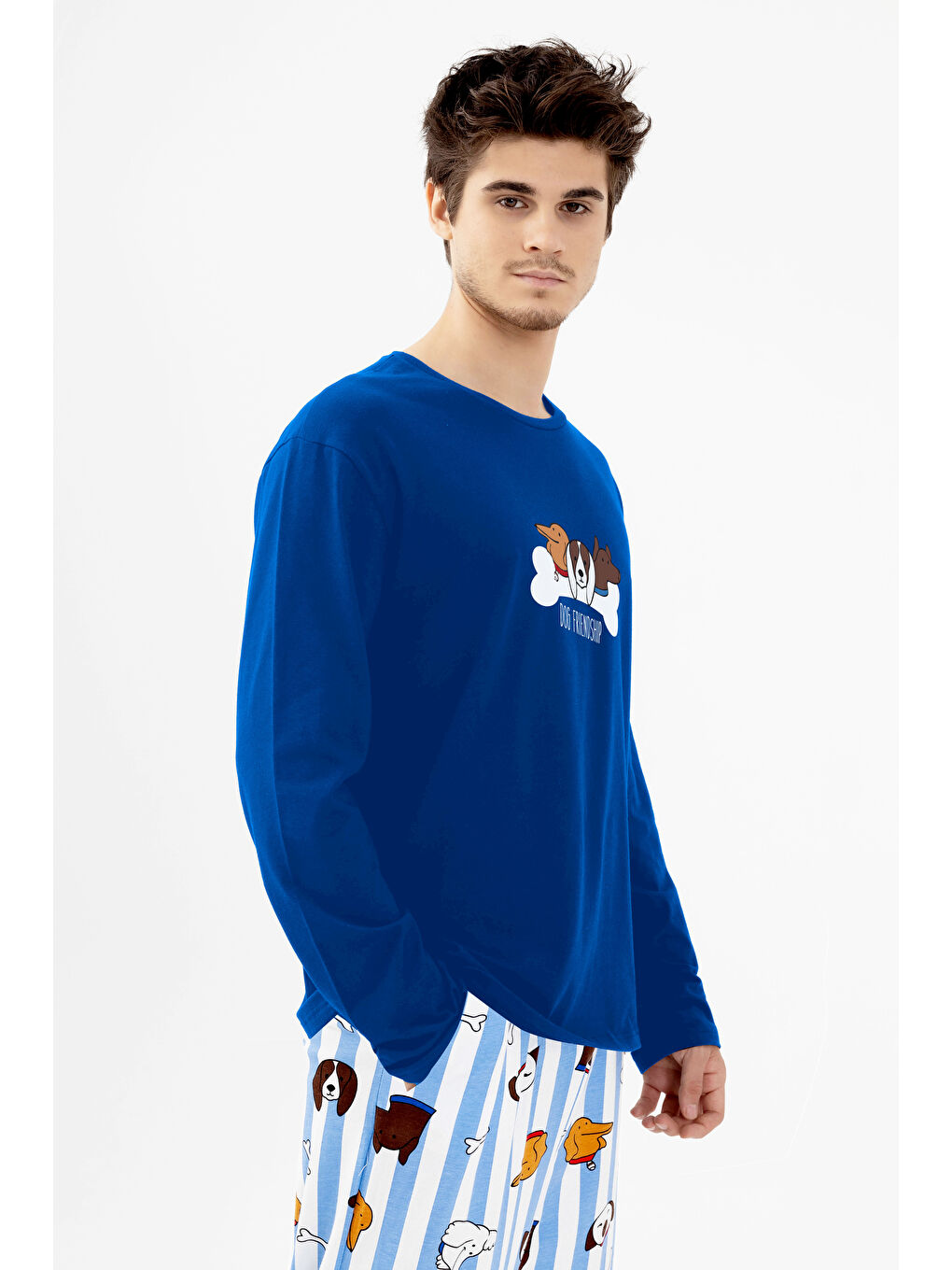 Beyaz Erkek Pamuklu Uzun Kollu Baskılı Alt Desenli Cep Detaylı Pijama Takımı-2