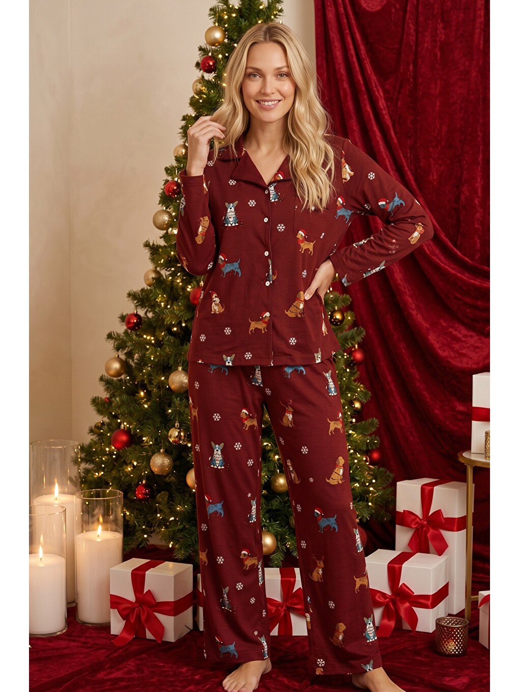Bordo Yılbaşı Temalı Desenli Termal Kumaşlı Ultra Soft Yumuşak Düğmeli Örme Pijama Takımı-1