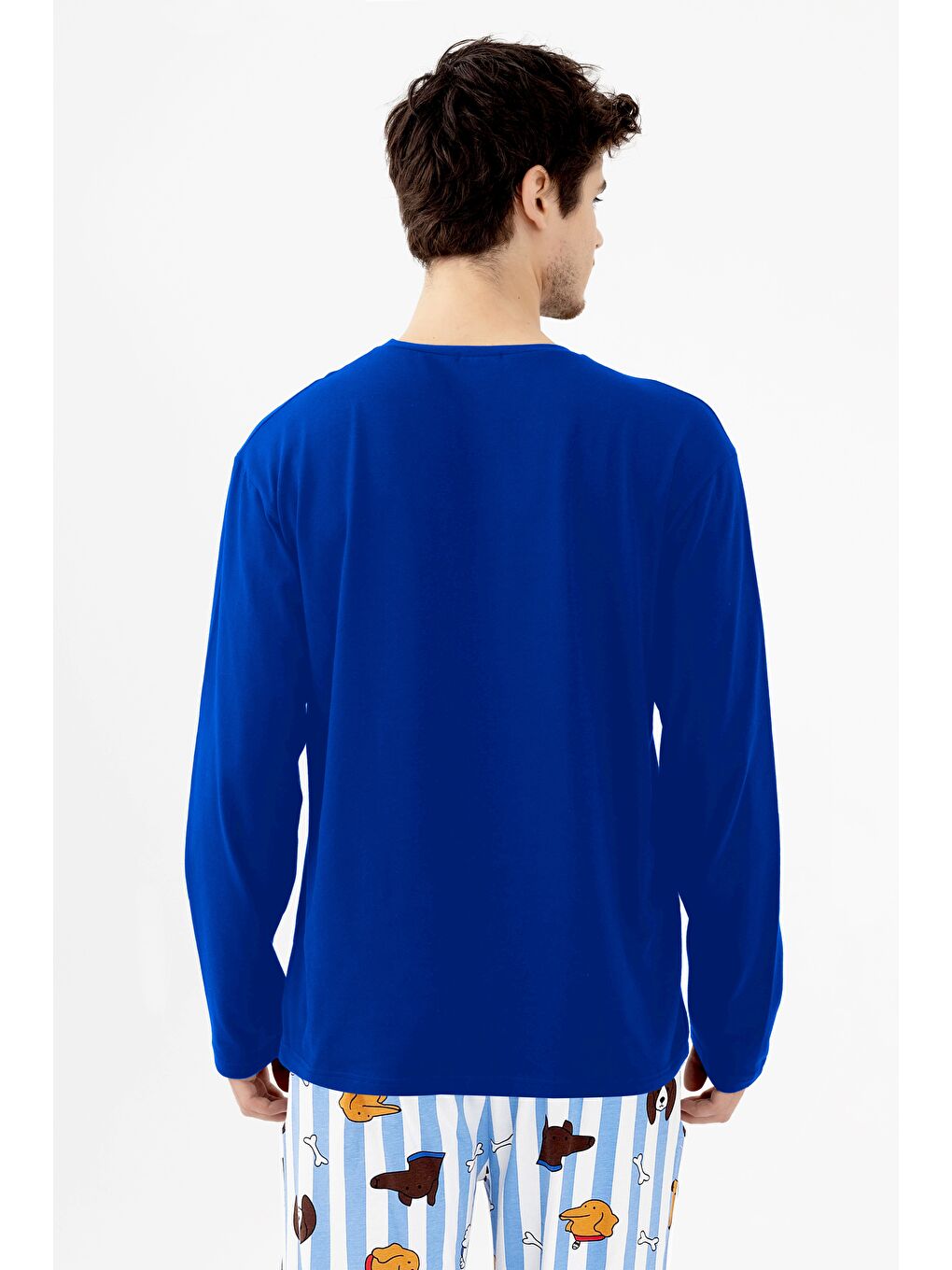 Beyaz Erkek Pamuklu Uzun Kollu Baskılı Alt Desenli Cep Detaylı Pijama Takımı-3