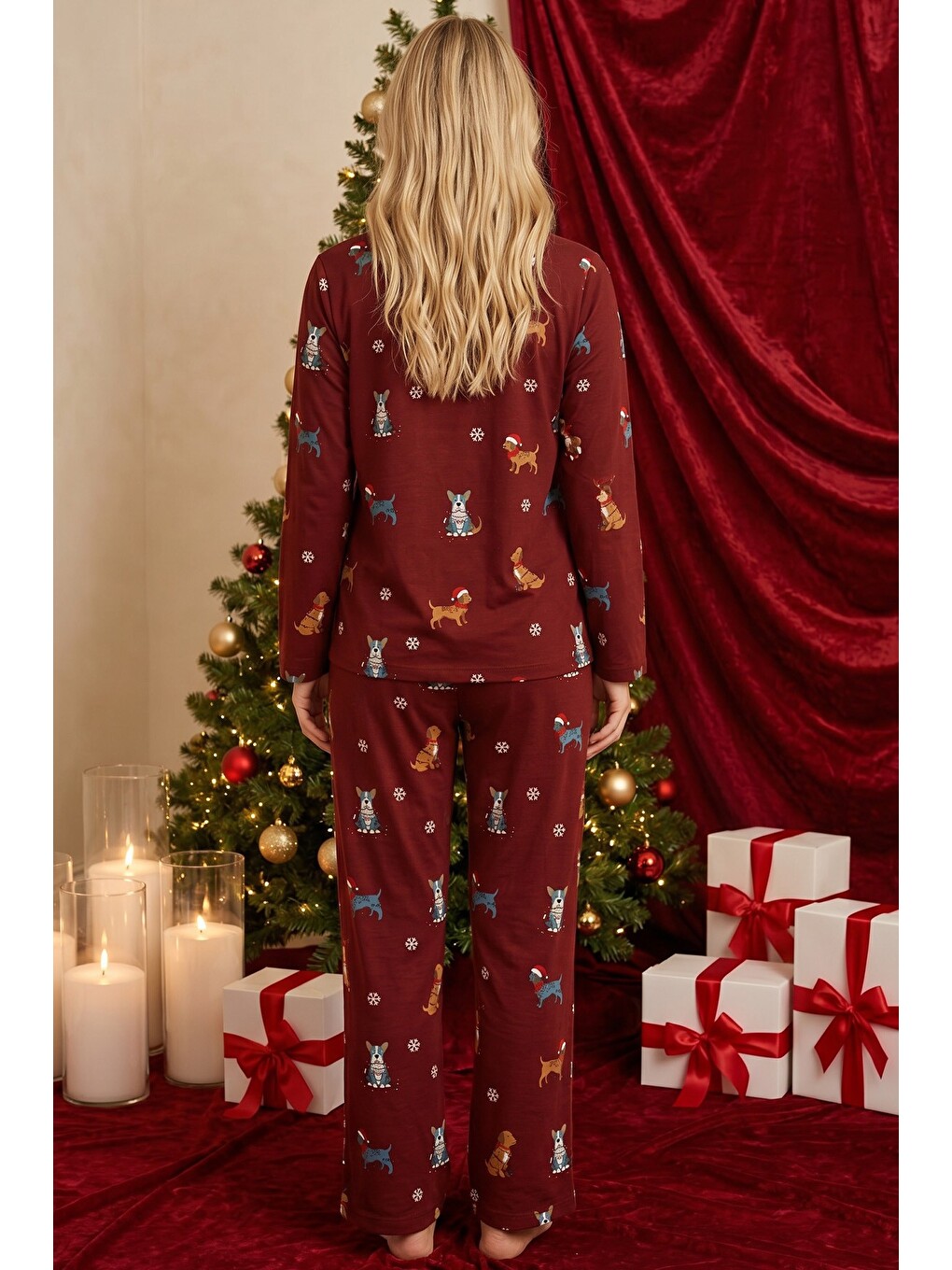 Bordo Yılbaşı Temalı Desenli Termal Kumaşlı Ultra Soft Yumuşak Düğmeli Örme Pijama Takımı-2