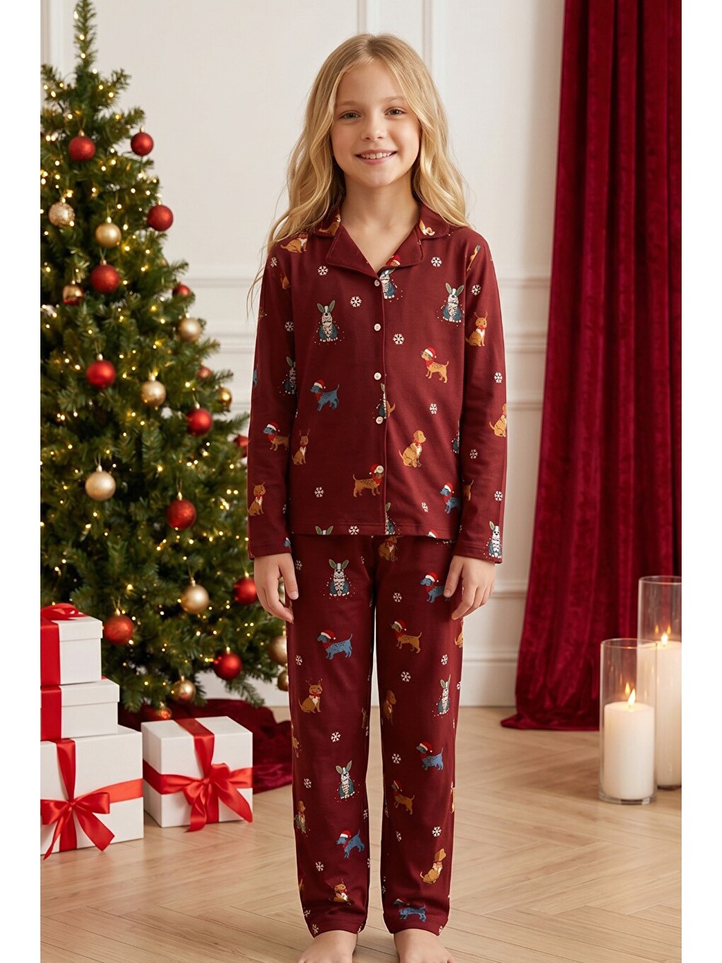 Bordo Yılbaşı Temalı Desenli Termal Kumaşlı Ultra Soft Yumuşak Düğmeli Örme Pijama Takımı-3