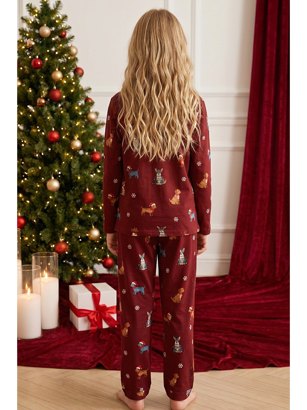 Bordo Yılbaşı Temalı Desenli Termal Kumaşlı Ultra Soft Yumuşak Düğmeli Örme Pijama Takımı-4