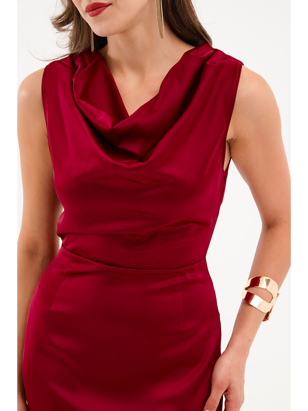 Kadın Bordo Degaje Yaka Midi Saten Elbise-3