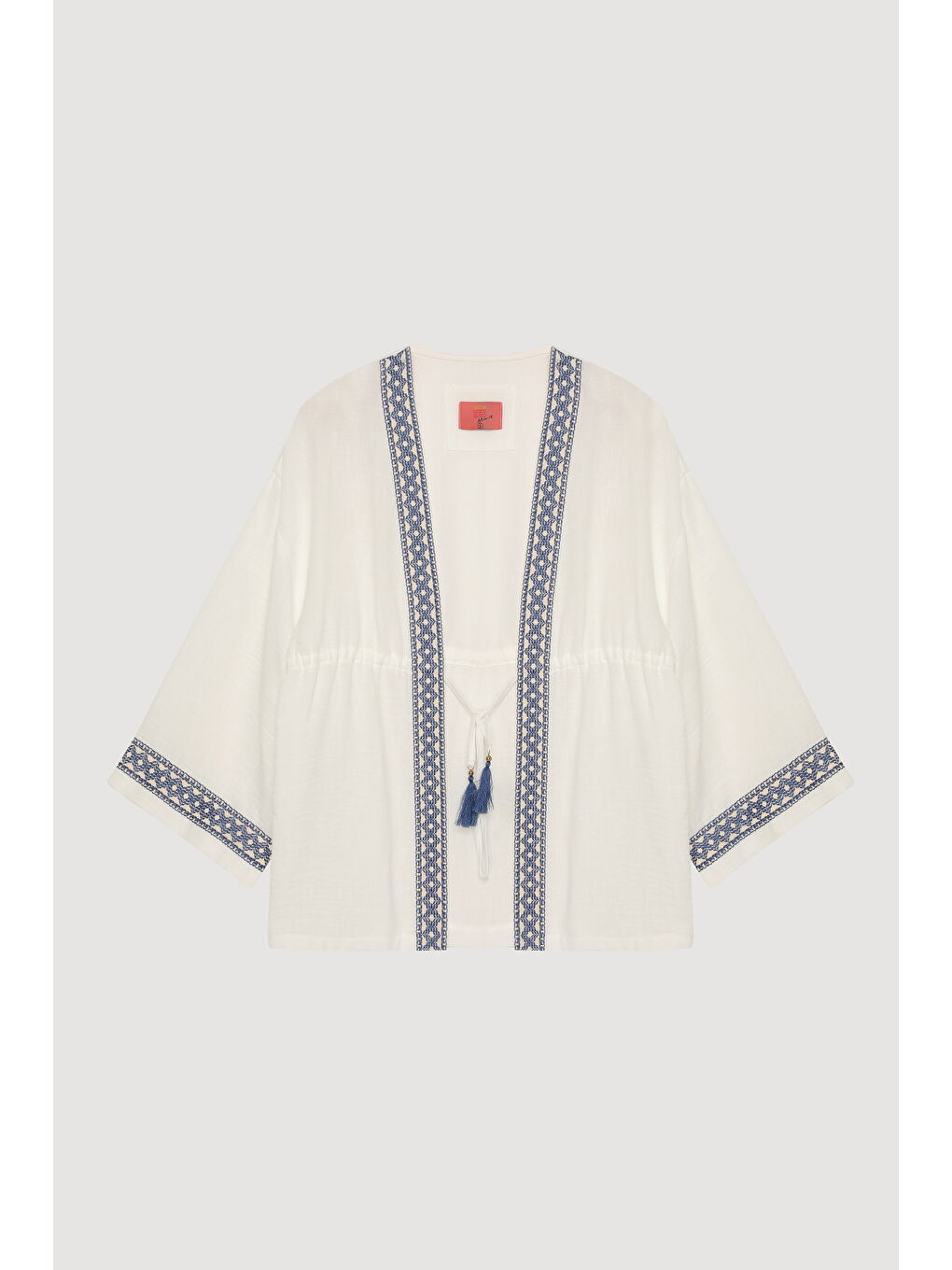 Şerit Nakış Detaylı Beli Bağlamalı Kimono Ekru-1