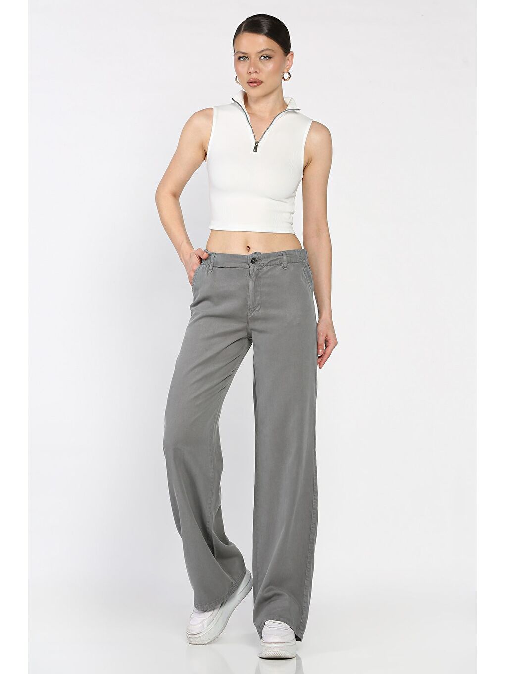 Gri Kadın Yüksek Bel Pantolon-1