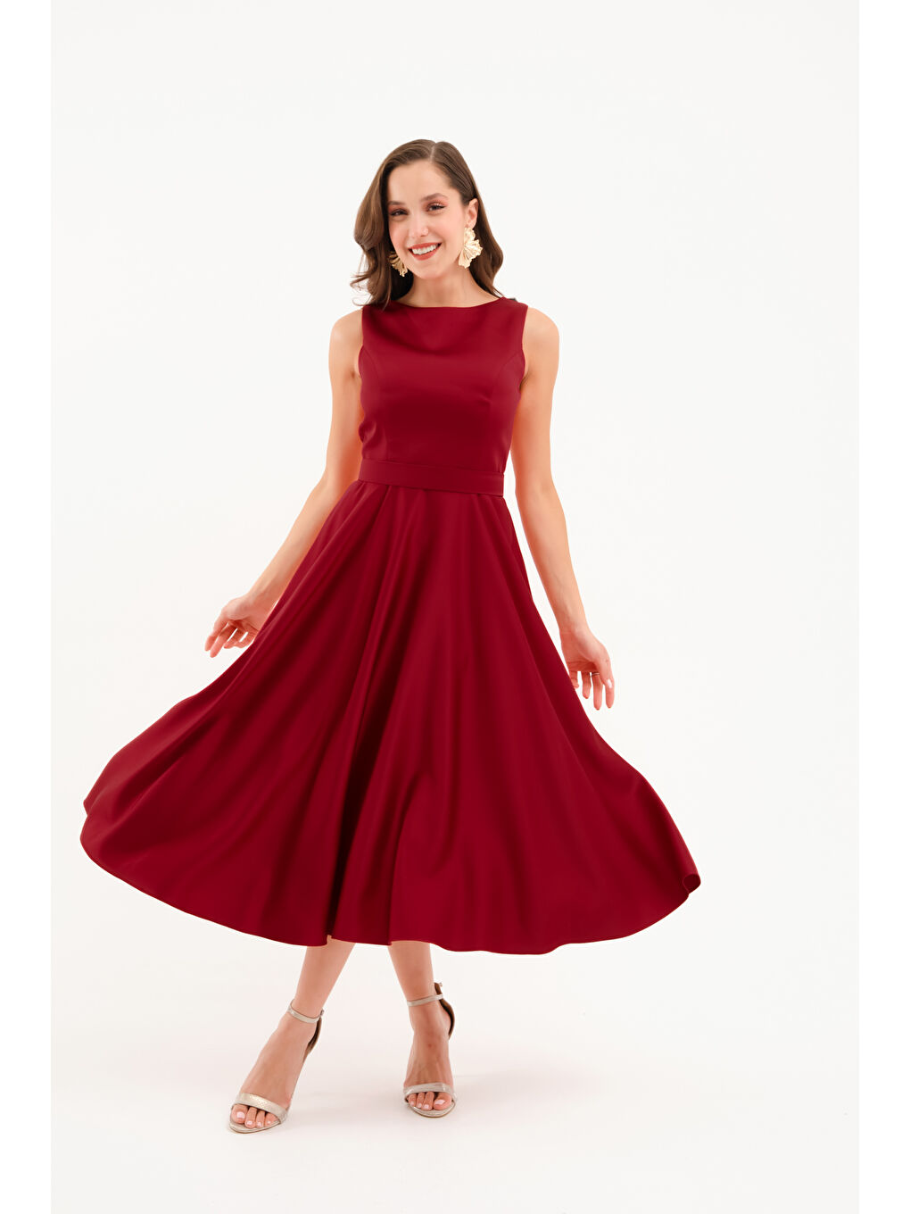 Kadın Bordo Kalın Askılı Kemerli Midi Abiye Elbise