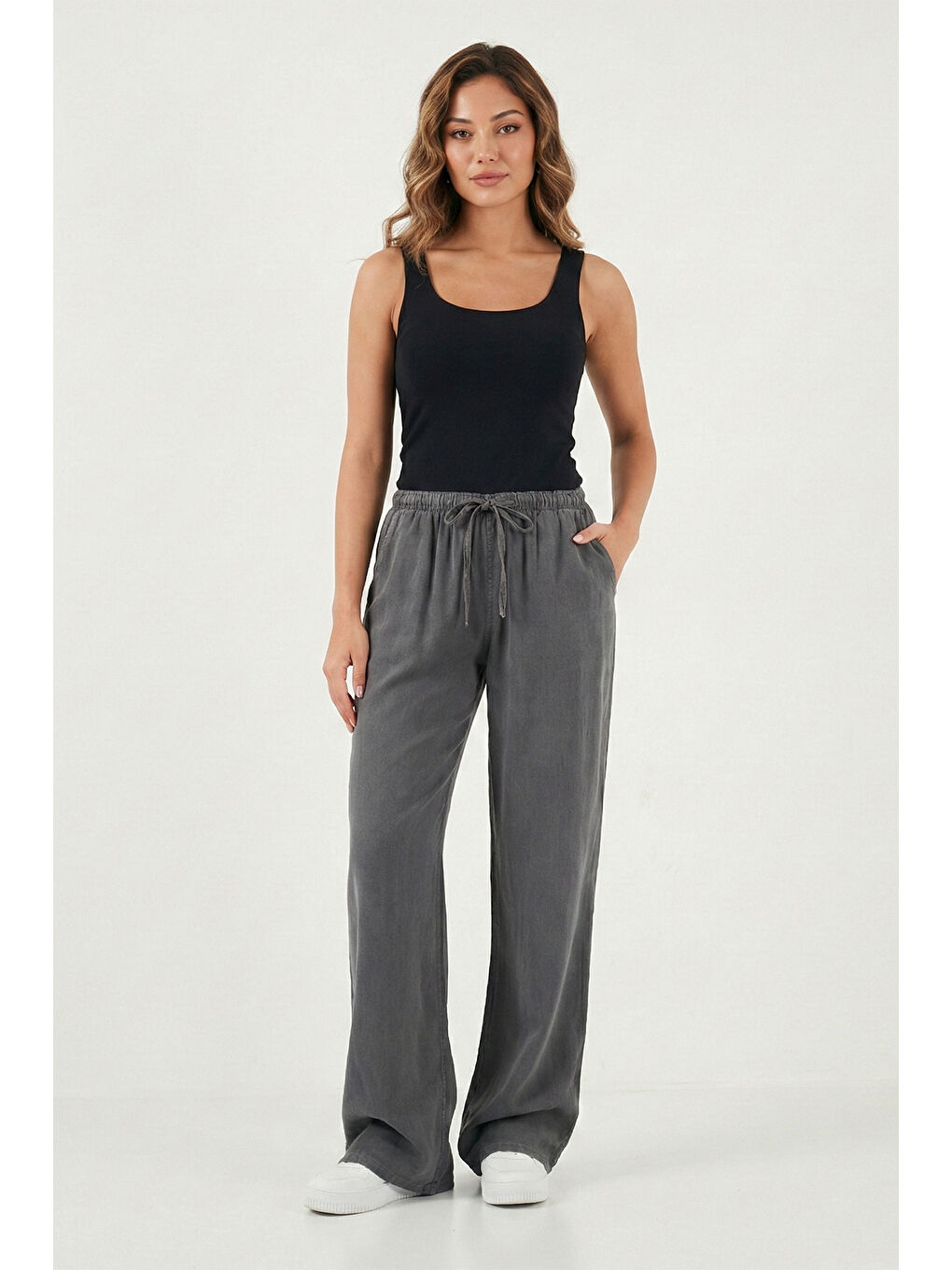 Antrasit Wide Leg Yüksek Bel Geniş Paça Kadın Pantolon 668YP5424-2