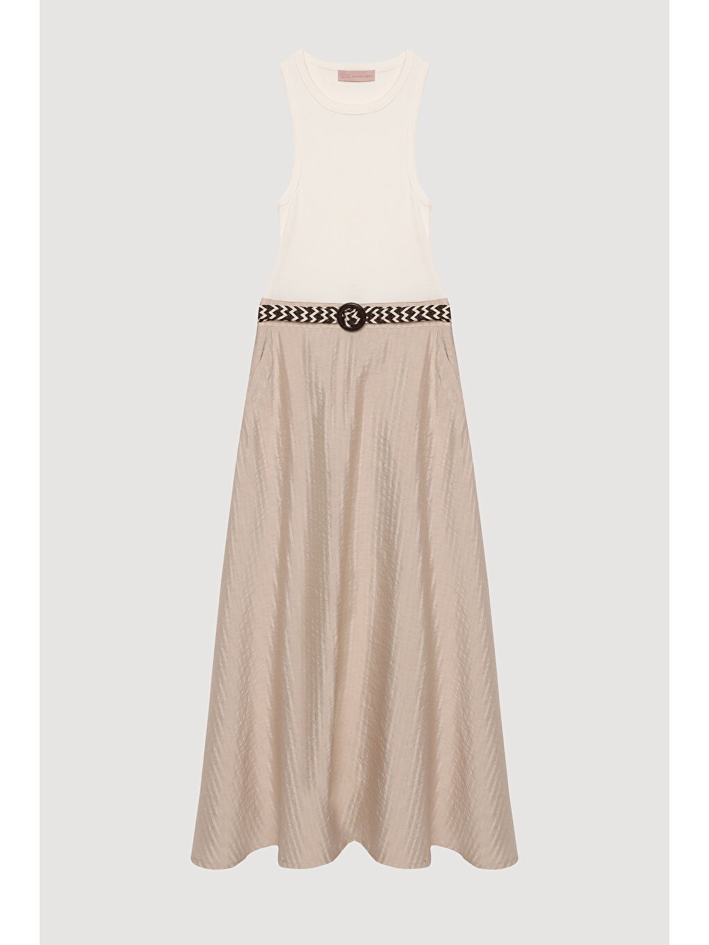 Halter Yaka Atlet Matchli Kemerli Elbise Bej-1