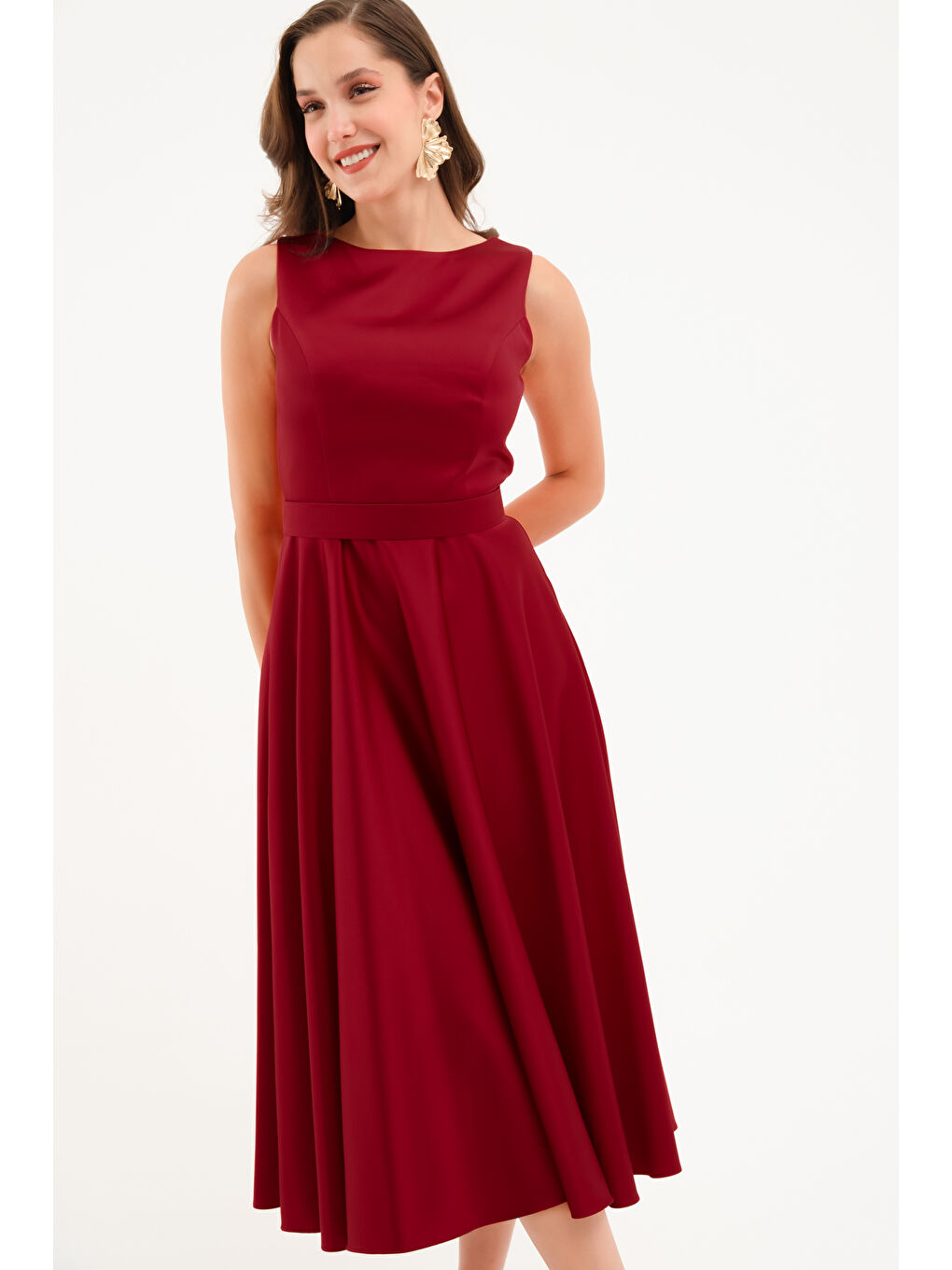 Kadın Bordo Kalın Askılı Kemerli Midi Abiye Elbise-1