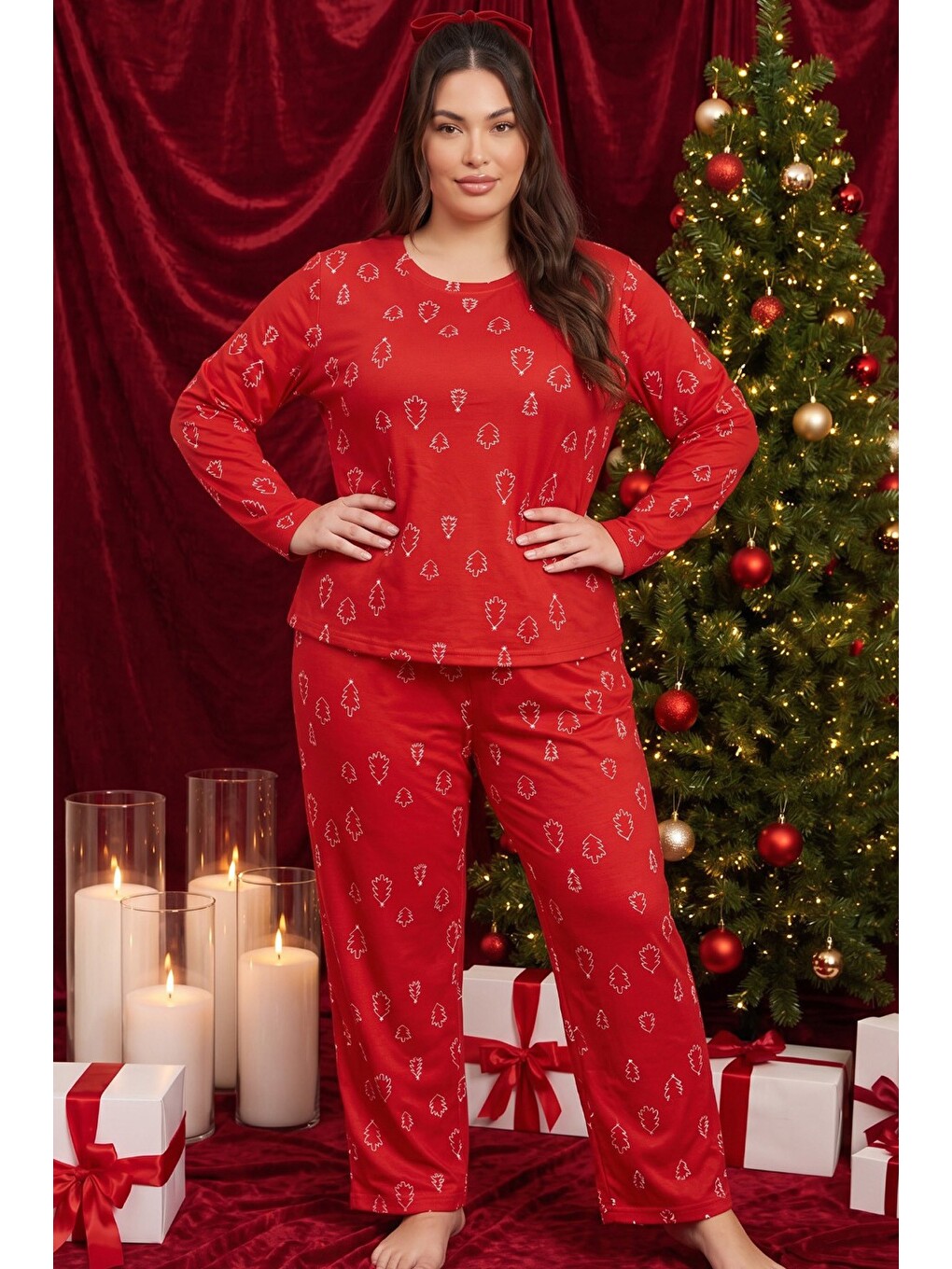 Kırmızı Yılbaşı Temalı Desenli Termal Kumaşlı Ultra Soft Yumuşak Büyük Beden Battal Boy Örme Pijama-1