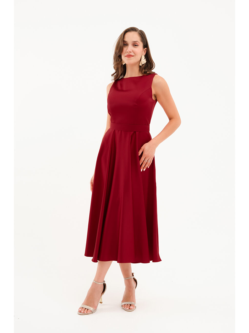Kadın Bordo Kalın Askılı Kemerli Midi Abiye Elbise-3
