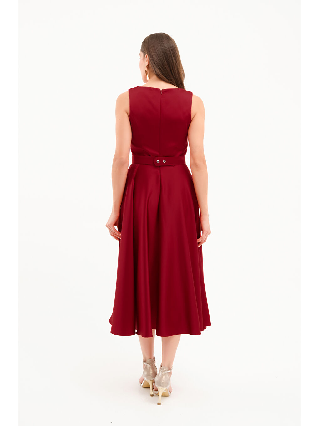 Kadın Bordo Kalın Askılı Kemerli Midi Abiye Elbise-4