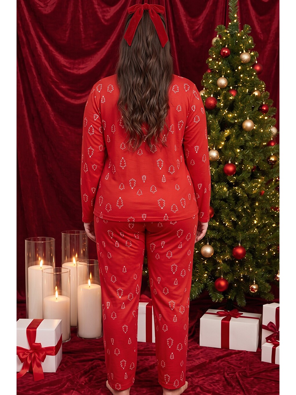 Kırmızı Yılbaşı Temalı Desenli Termal Kumaşlı Ultra Soft Yumuşak Büyük Beden Battal Boy Örme Pijama-2