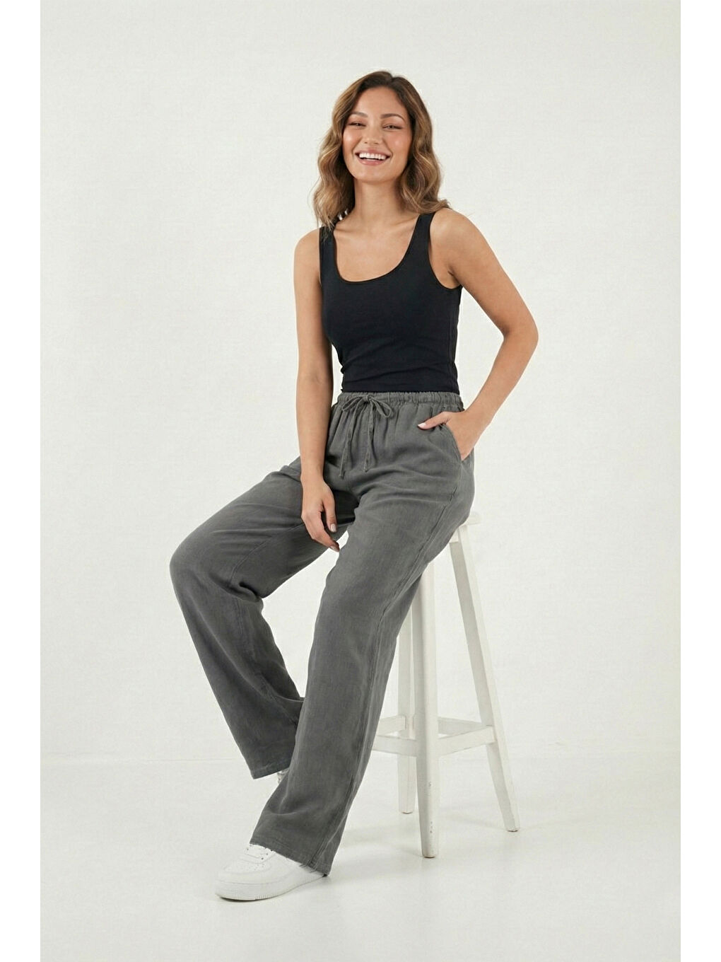 Antrasit Wide Leg Yüksek Bel Geniş Paça Kadın Pantolon 668YP5424-4